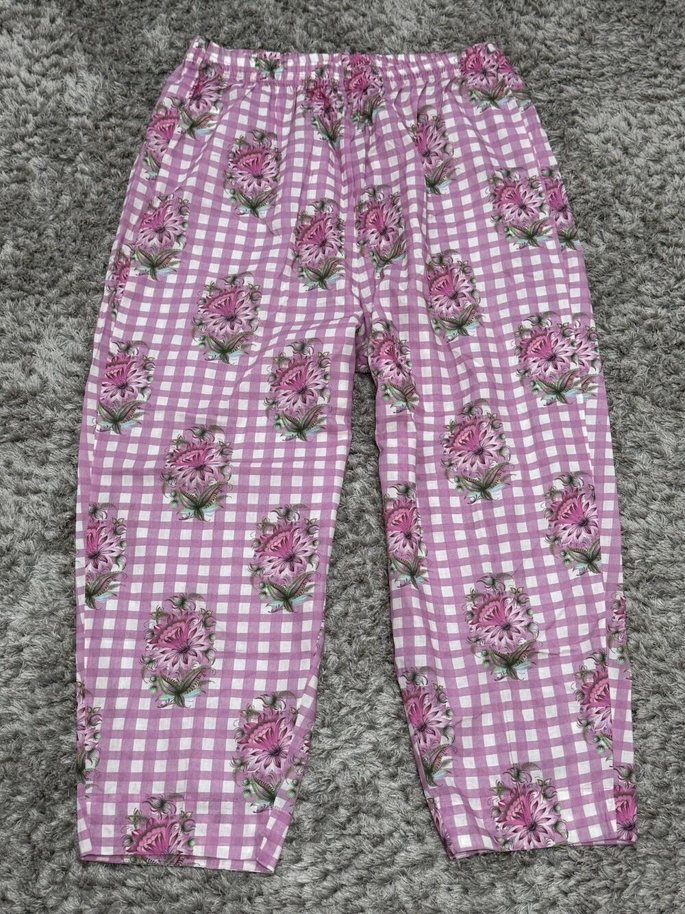 ETHNC Pants Pink Gingham Floral Size M Checkered Block Print Boho Cottagecore
